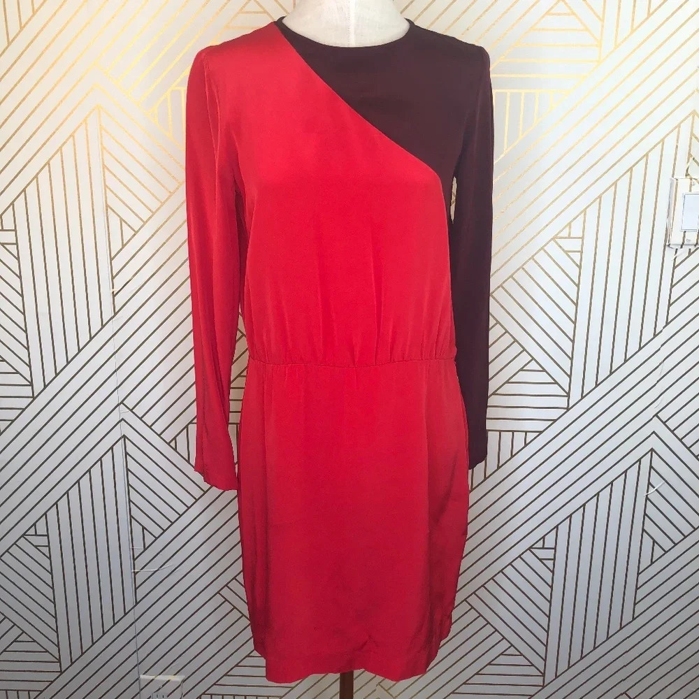 Tibi Colorblock Silk Dress in Red and Burgundy
